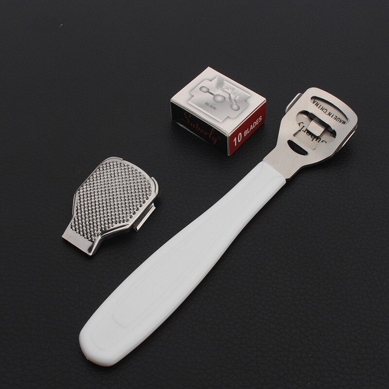Plastikhåndtag pedicure kniv fod hud barbermaskine majs neglebånd cutter remover fod rasp fil callus  +10 blade fodpleje værktøj: Hvid