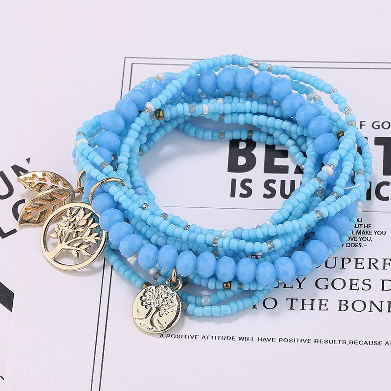 HANJING – ensemble de Bracelets élastiques pour femmes, style bohème, multicouches, 6 couleurs, arbre de vie, bijoux pour filles, Bracelets porte-bonheur: Blue