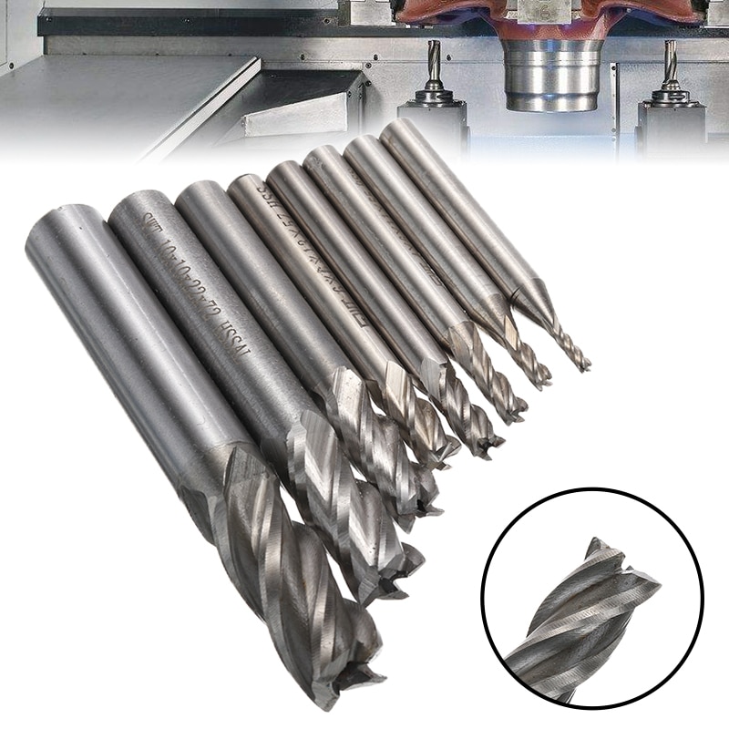 8Pcs Hss Carbide Rechte Schacht Frees Kit Set 4 Fluit Frees Cnc Cutter Boor Tool 2/3/4/5/6/8/10/12Mm