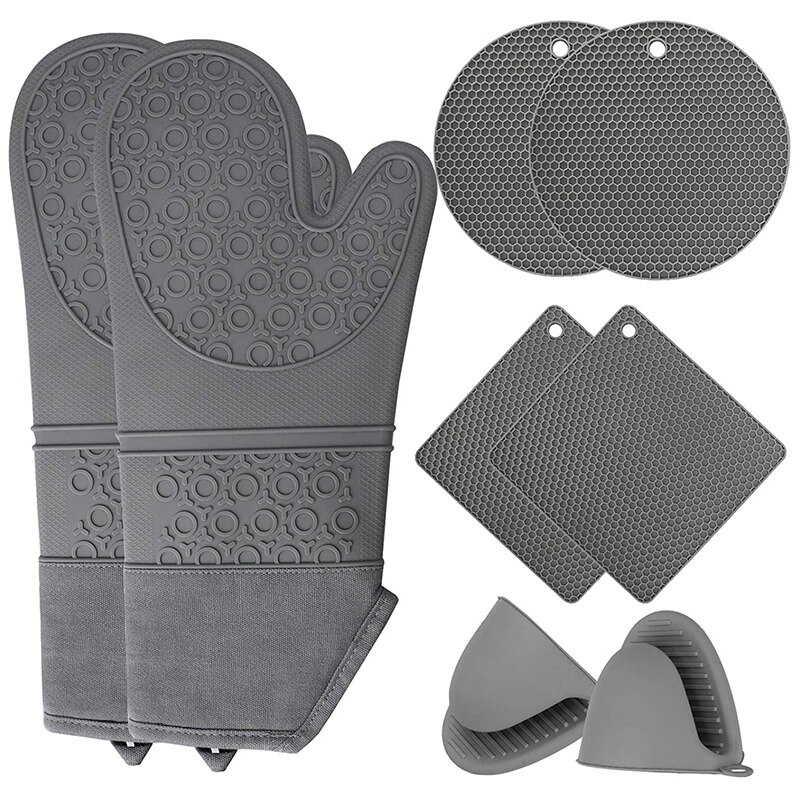 Siliconen Ovenwanten En Pads Set, jumeijia 8 Stuks Extra Lange Keuken Oven Siliconen Handschoenen Met Antislip Warmte: Gray