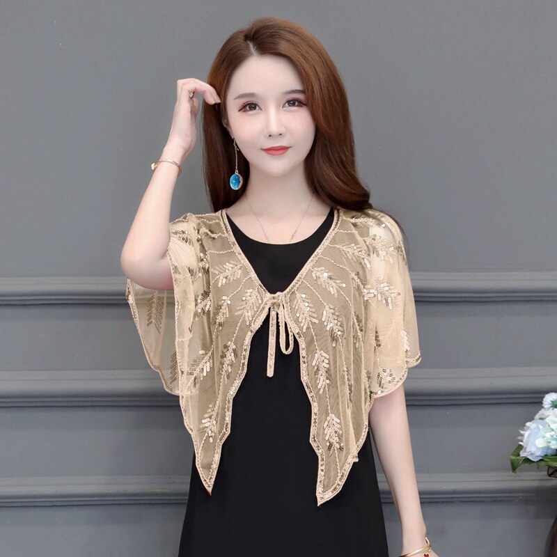 Vintage sequin sommer håndlavet hæklet blonder mesh skuldertræk bolero broderi cardigan feminino kort kappe overdimensionerede toppe kvinder kappe: Abrikos