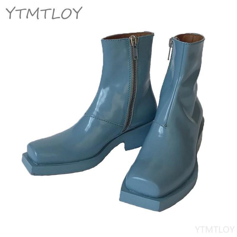moto Western bottes femmes en cuir court talons hauts chaussons Botas cheville chaussures rétro bout carré fermeture éclair