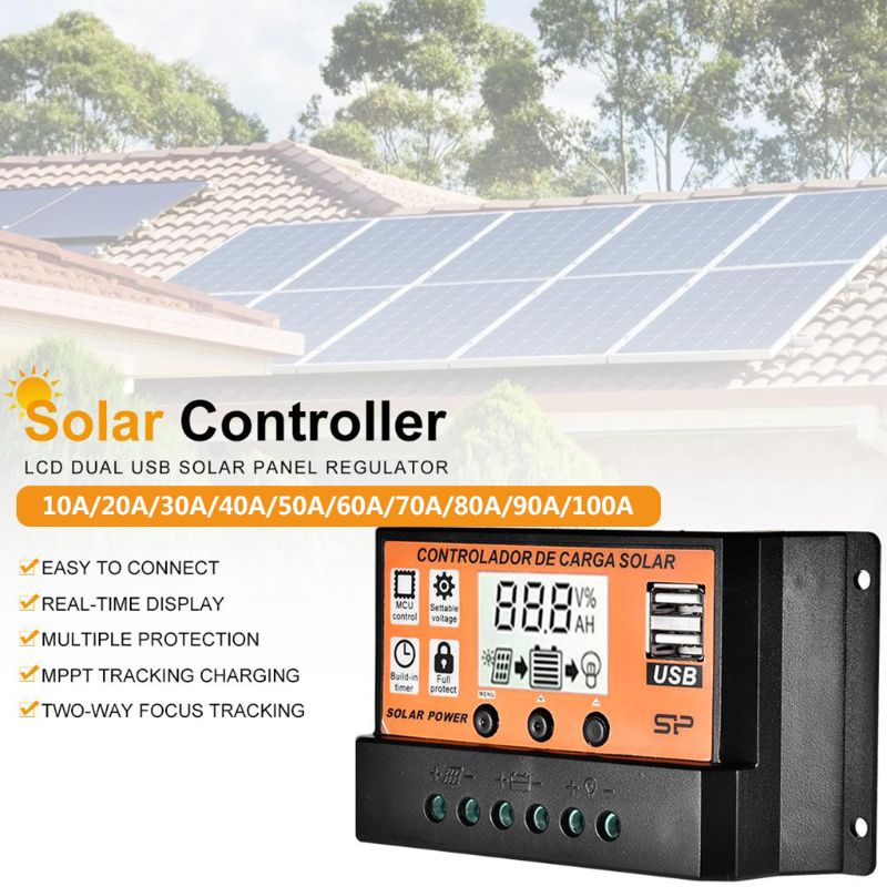 10A/20A/30A/40A/50A/60A/70A/80A/90A/100A samochodowy wyświetlacz LCD ekran Regulator ładowania słonecznego podwójny USB Regulator panelu słonecznego 12V24V Powe