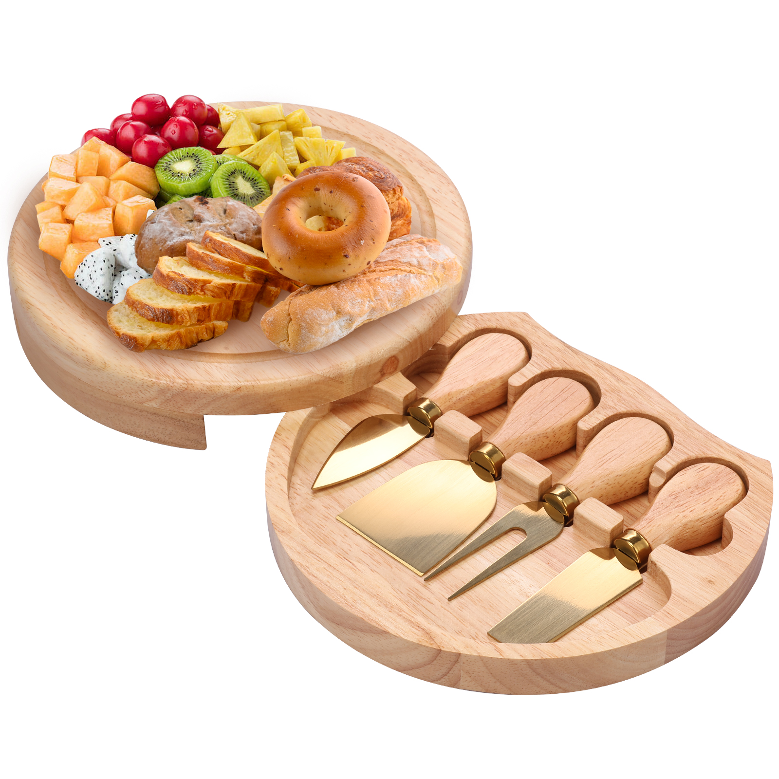 Kaasplank Set Houten Charcuteriebord met Kaassnijder en Vork Fruit Veggie Serveerschaal Keukengadget Dessertbord