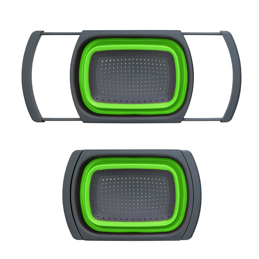 Square Silicone Collapsible Over The Sink Retractable Colander With Handle Kitchen Folding Strainer Bowls Drain water filter bas: Green