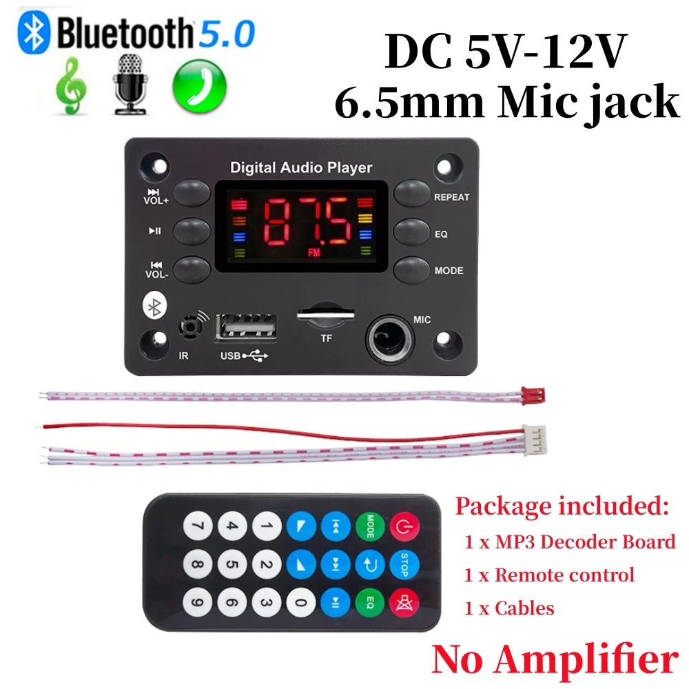 Wzmacniacz 100W Bluetooth 5.0 DIY Dekoder MP3 WAV Płytka DC 12V 50W Bezprzewodowy samochodowy odtwarzacz USB MP3 Gniazdo karty TF USB FM z mikrofonem 3,5 mm: green