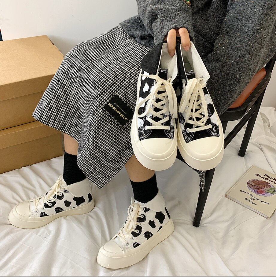 Women's Sneakers Cute Platform Shoes Cow Girls Kawaii Casual Vulcanize Undefined Japanese Vintage Boots Female