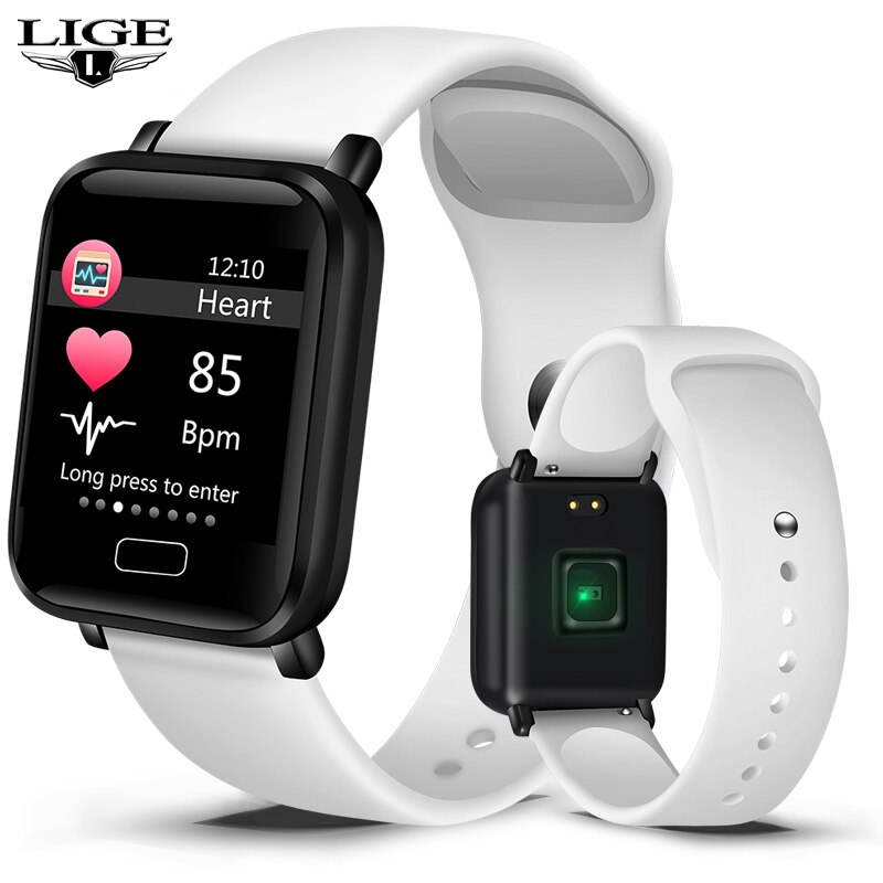 Lige smart klocka dam sport stegräknare smart armband pulsmätare fitness tracker led färgskärm damklocka+låda: Vit
