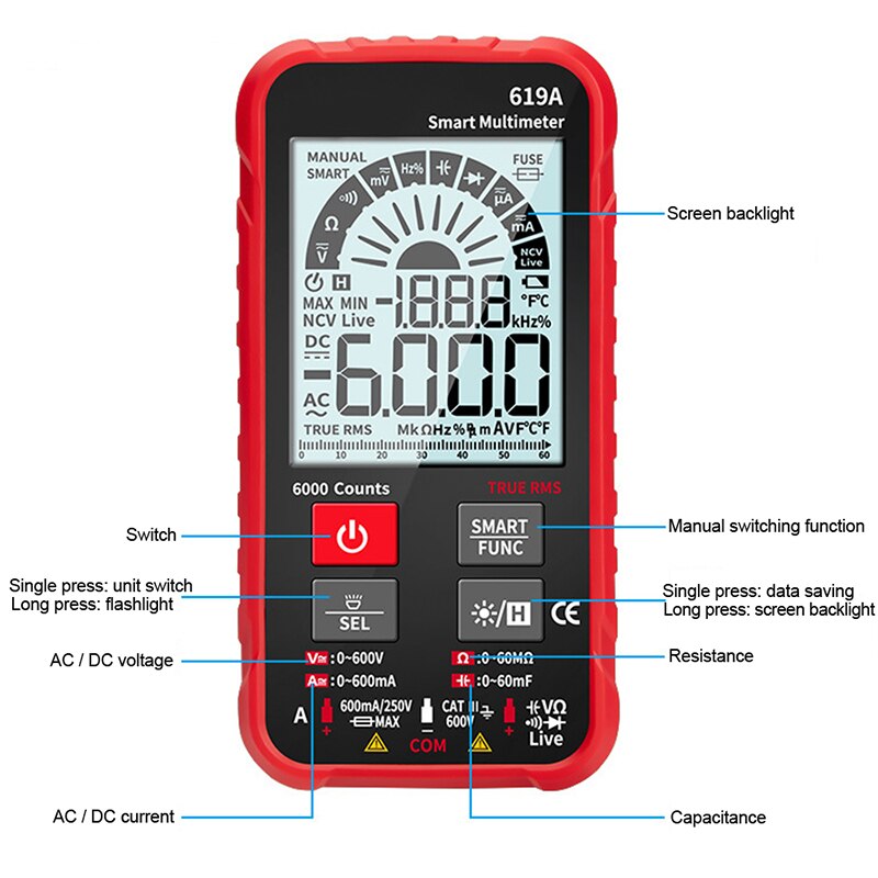 600V/mA Digital Multimeter AC/DC Currents Voltage Testers True RMS 6000 Counts Analog Bar Multimetro NCV Meter