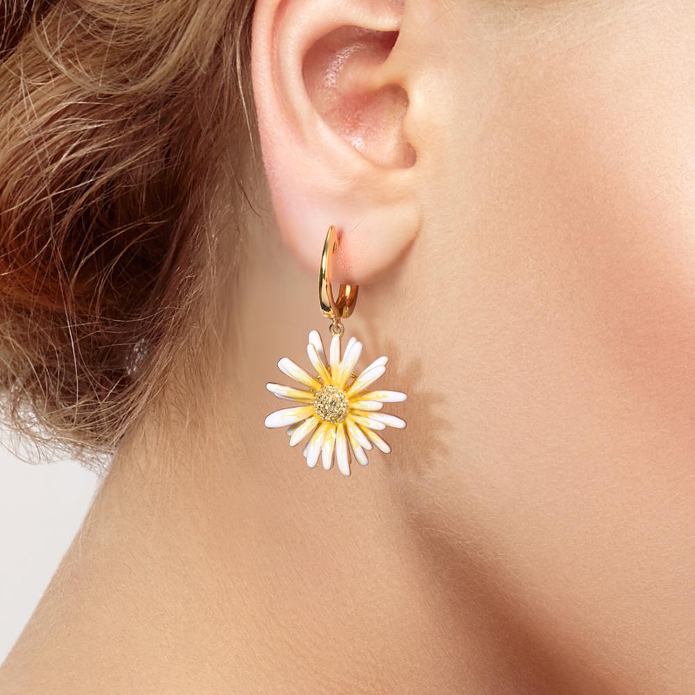 SANTUZZA Silver Jewelry Set for Women 925 Sterling Silver Yellow Daisy Flowers Earrings Ring Set Fine Jewelry Handmade Enamel