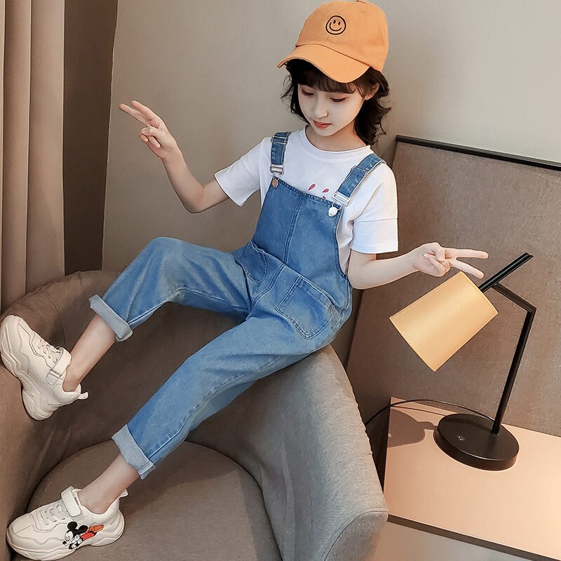 Girls Denim Overalls for Children Casual Kids Girl Jumpsuit Jeans Teenagers Denim Cargo Pants with Straps For Teens
