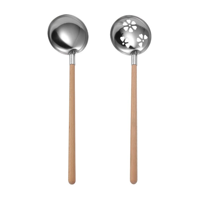 Japanese Wooden Handle Anti Soup Stainless Steel Soup Leakage Ramen Spoon Home Kitchen Gadget
