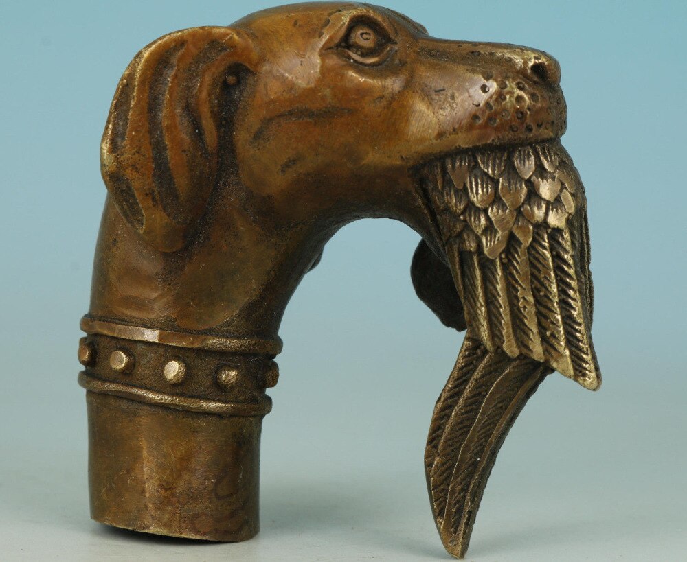 Antieke Oude Bronzen Hand Gesneden Hond Gebeten Vogels Standbeeld Cane Wandelstok Hoofd