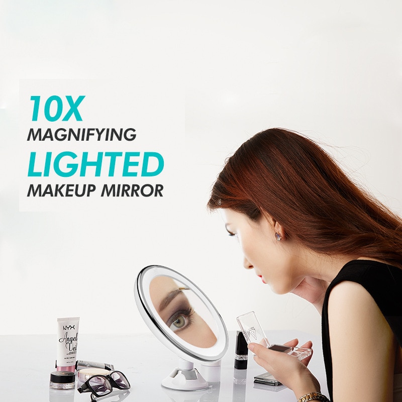 Bathroom makeup mirror 10x magnification LED fill light makeup mirror, 360-degree rotation with powerful suction cup