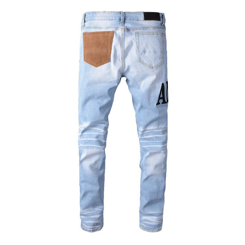 Lyse broderede jeans mænd streetwear slim fit hvide jeans stretch skinny patch denim bukser
