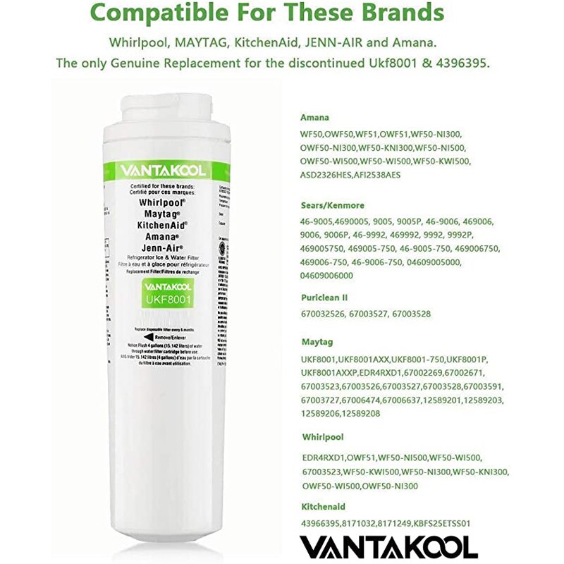 Compatible with Maytag UKF8001 filter, suitable for 4396395, EDR4RXD1, UKF8001AXX, UKF 8001P, 469006, Puriclean II, 1 pack