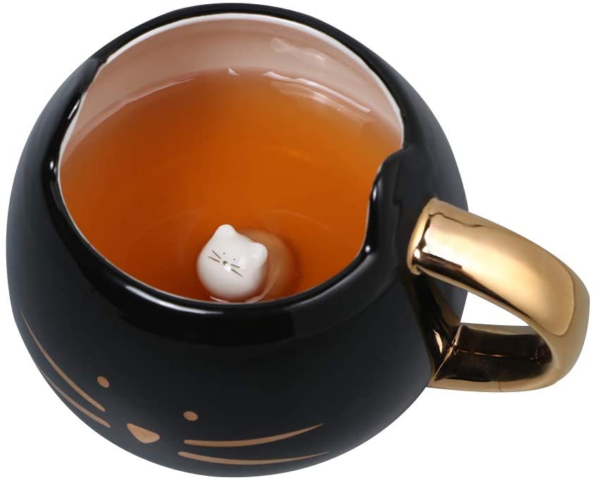 Cat Mug Cat Coffee Mug for Women Girls Cute Ceramic Meow Mugs for Cat Lover Tea Cup 12 oz White,Black: Black Gold