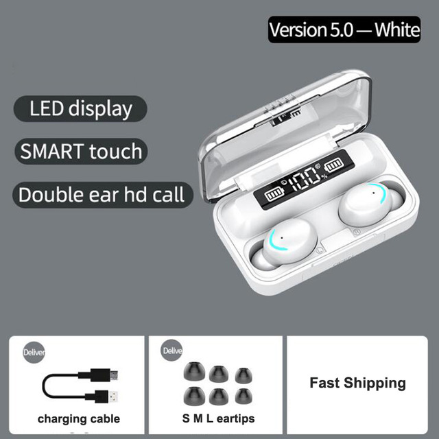 F9 TWS Drahtlose Kopfhörer Bluetooth 5,0 F9 TWS Bluetooth kopfhörer unterstützung Xiaomi / iPhone mit 2200mah Energie Bank 9D Stereo: Weiß