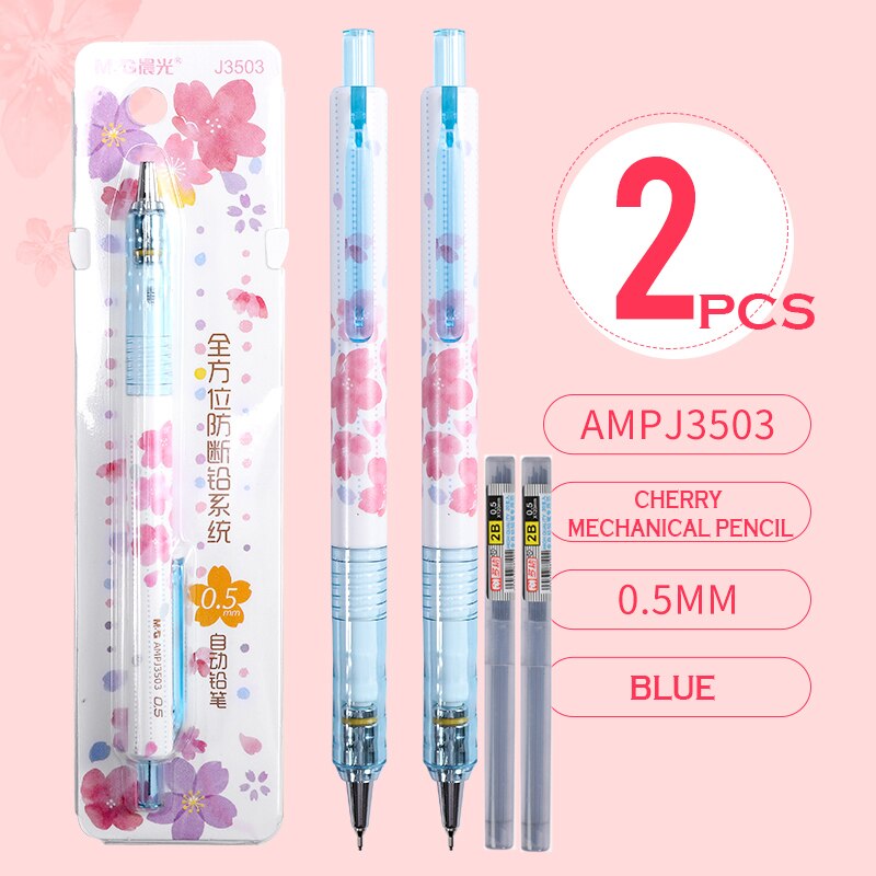 M&amp;G Cherry Pink Mechanical Pencil 0.5mm Lead Automatic Pencils Student Drawing for school office supplies: 3503 blue 2pcs