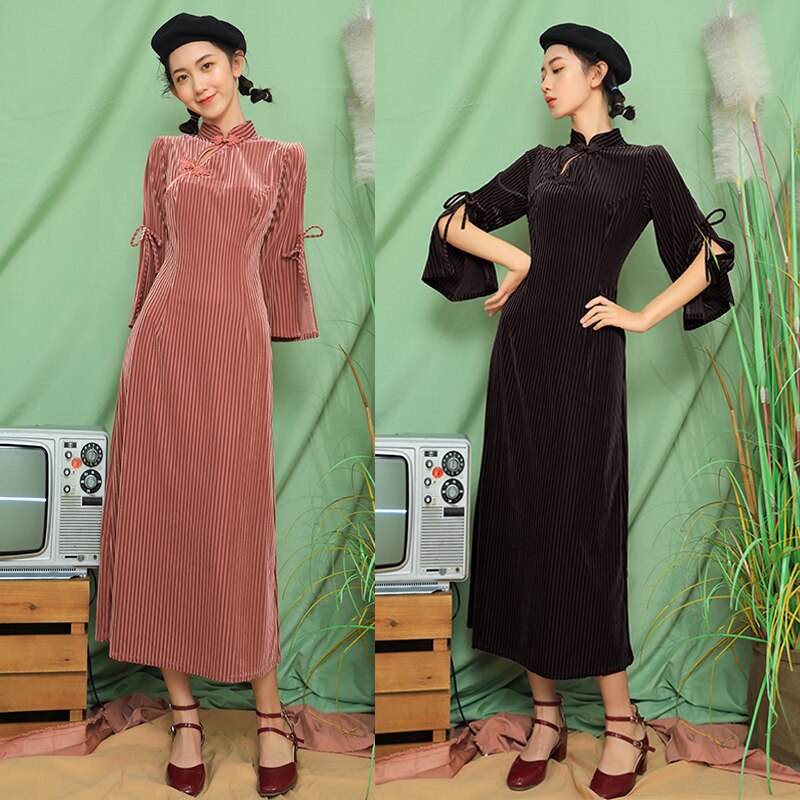 Vestidos de mujer elegantes primavera otoño terciopelo dorado chino nuestro vestido cheongsam mangas acampanadas cheongsam Midi-Vestidos largos