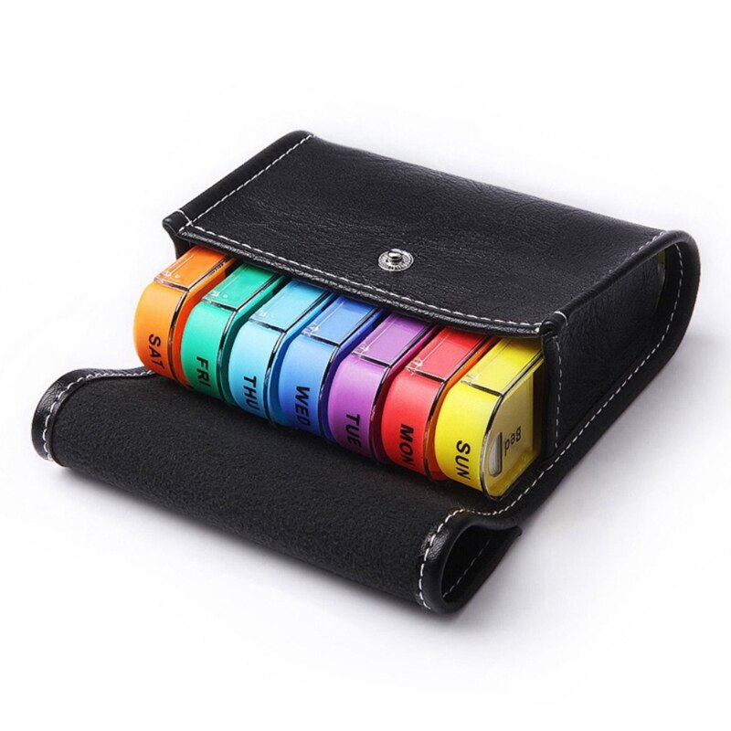 Caja de pastillas para organización estuche semanal bonito recordatorio de viaje diario AM PMDay noche 7 compartimentos con pastillero negro de cuero PU Cas