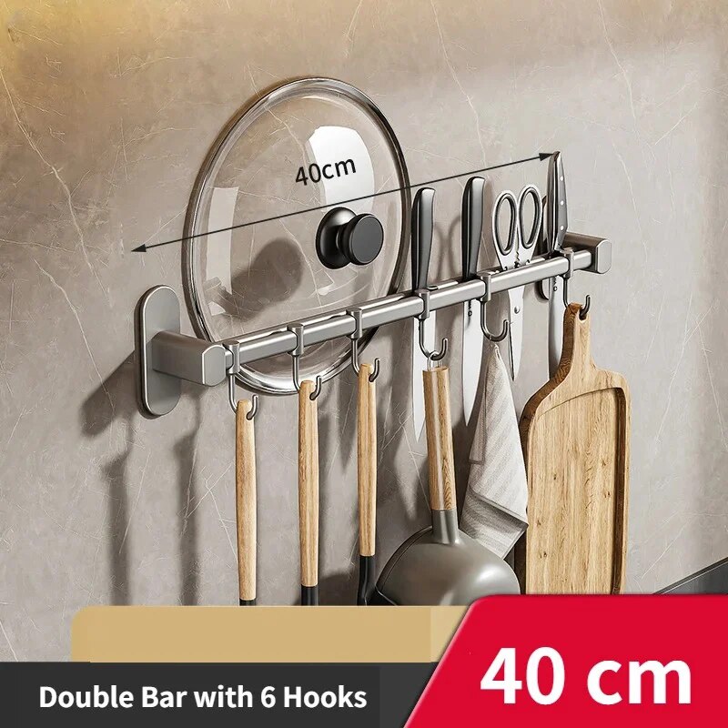 Ganchos organizadores de cocina, colgadores de pared, estante para utensilios de cocina, soporte para cuchillos, tabla de cortar, tapa de cuchara, accesorios de almacenamiento sin taladro: Rojo