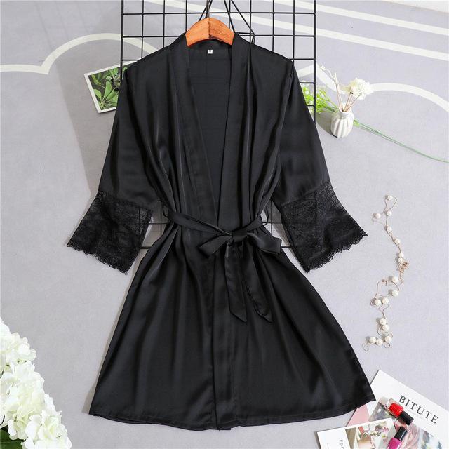 Bata suave para mujer, camisón negro, ropa de dormir, camisón de retazos de encaje, bata de dormir clásica Sexy Negligee, bata de casa: Black / XXL