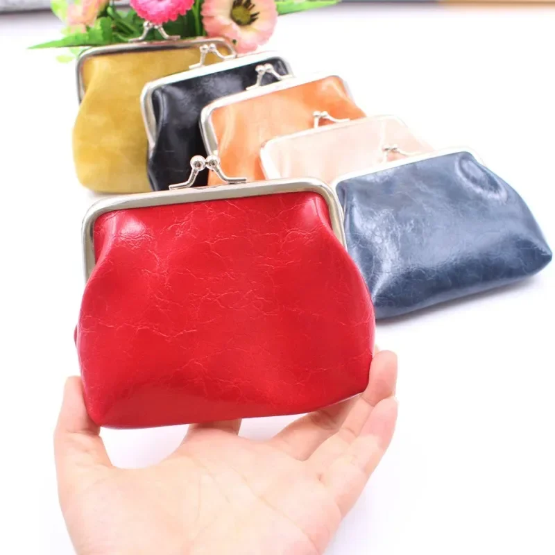 Myntpung med oljevoks i skinn, 4- tommers spenne, mini-lommebok, myntveske, leppestift-oppbevaringsveske, dame-clutch-veske