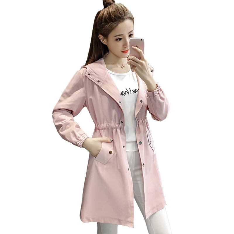 Kvinders trenchcoat forår efterår kvindelige outwear kausal lange ærmer med hætte slim dame vindjakke  q90