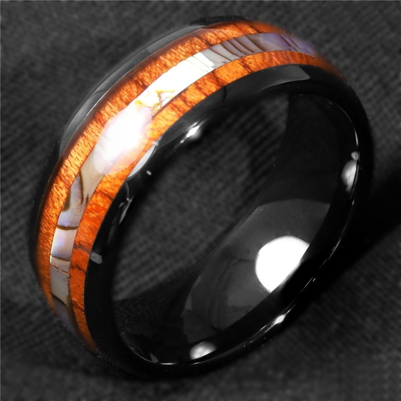 FDLK 8mm Black Stainless Steel Ring Koa Wood Abalone Wedding Band Men’s Jewelry