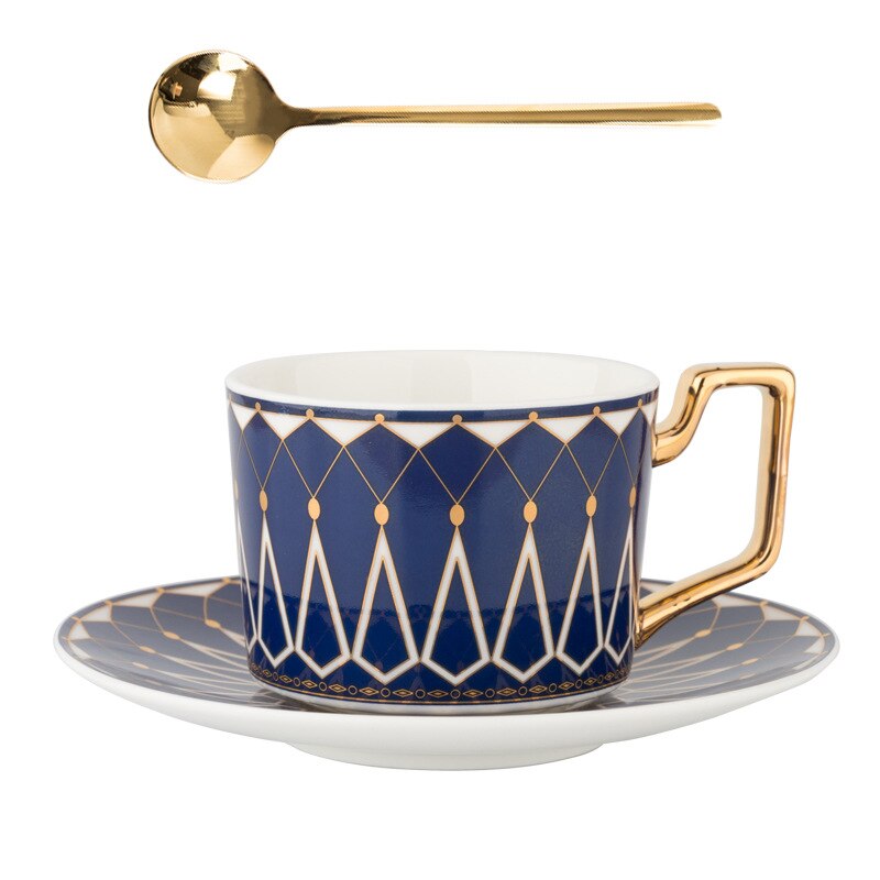 British Style Luxury Moroccan Coffee Cup and Saucer Set with Gold Handle 220ml Ceramic Afternoon Tea Cup Porcelain Drinkware: Blue