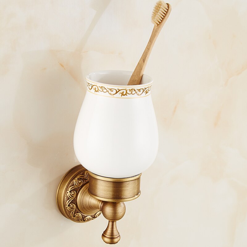 Soporte de cepillo de dientes de latón antiguo soporte de cepillo de dientes con Taza de cerámica única accesorios de baño ZD934