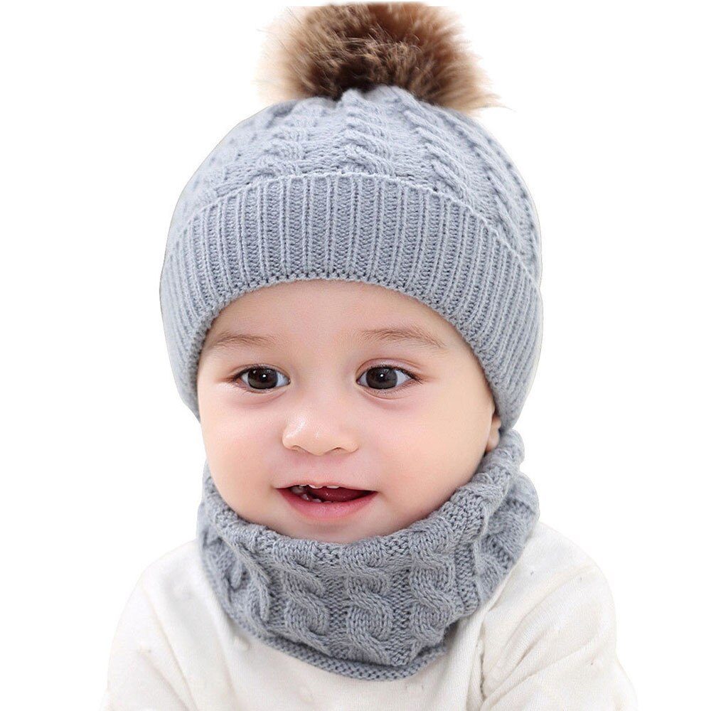 2Pcs Cap+Scarf Toddler Baby 0-2 Year Kids Girls Boys Winter Cute Warm Solid Knitted Beanie Keep Warm Outdoors Neck Set C28#: GY