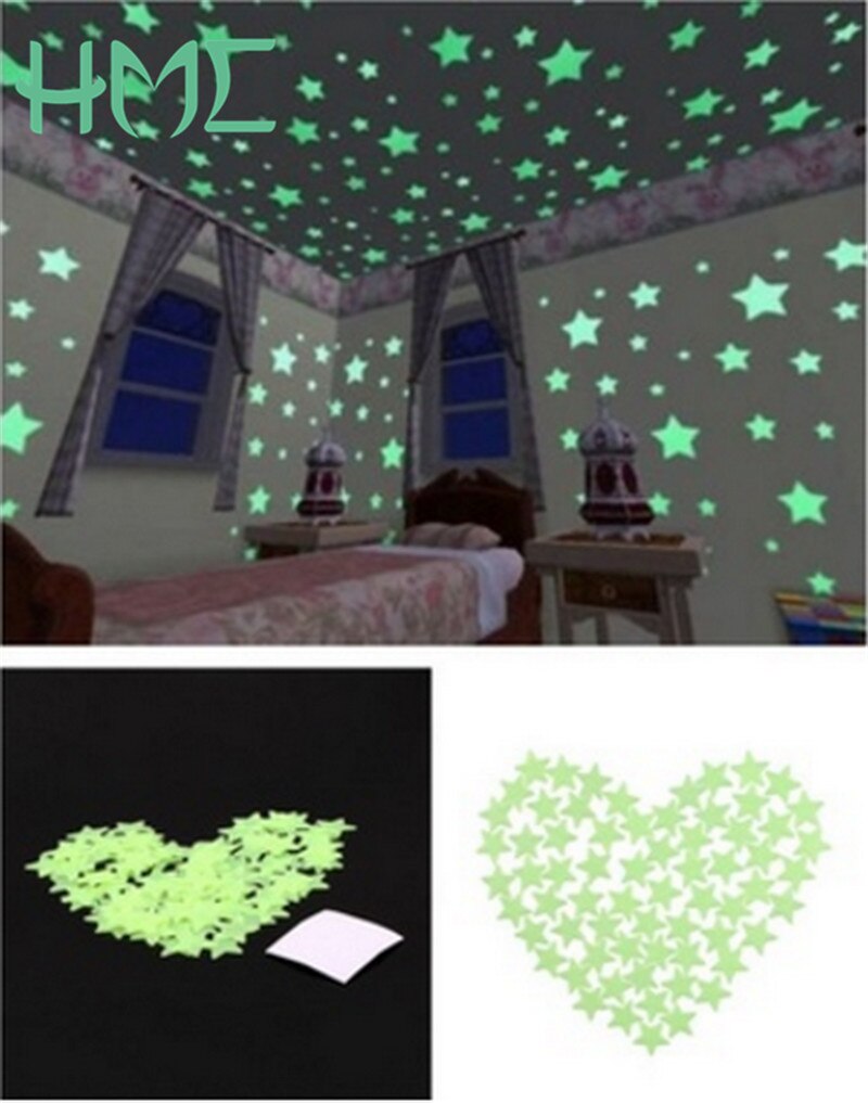 100 Stks 3 cm 3D Glow Muurstickers Ster Decal Baby Kids Slaapkamer Interieur Lichtgevende Fluorescerende Sterren Nachtlampje