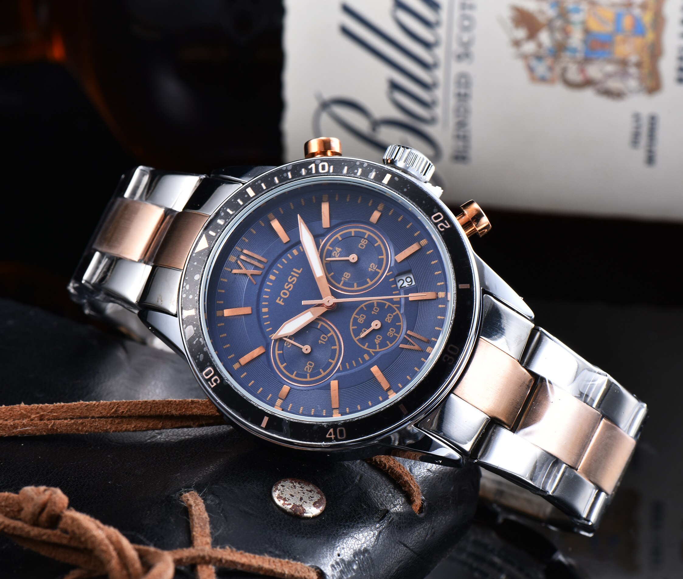 Fossil relógio masculino cronógrafo médio e preto aço inoxidável relógio masculino topo da marca de luxo: 8