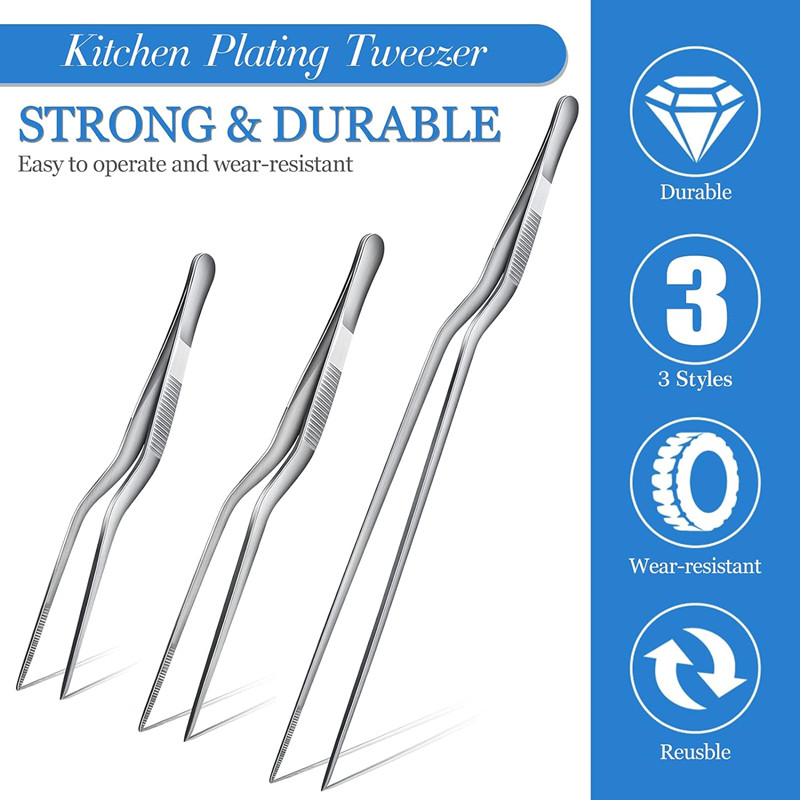 Pinces de Chef de cuisine de précision en acier inoxydable, 3 tailles, pincettes pour la cuisine des aliments, pique-nique Barbecue, décoration de gâteaux 14cm 16cm 20cm