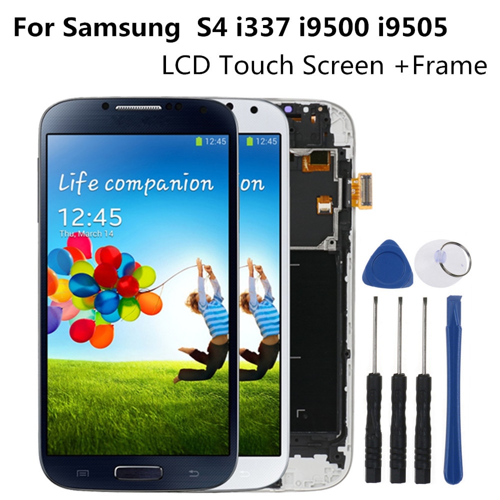100%  testet lcd-enhet for samsung galaxy  s4 i9500 i337 lcd berøringsskjerm med ramme for samsung  i9506 i9500 erstattet lcd
