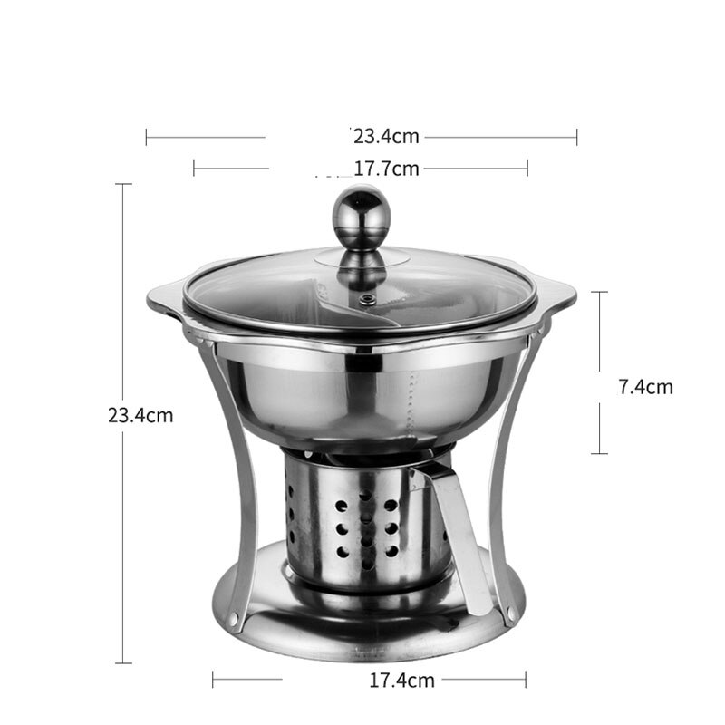 Two-flavours hotpot with divider glass lid set 17cm Stainless steel buffet heat pots alcohol stove chafing dish outdoors cook