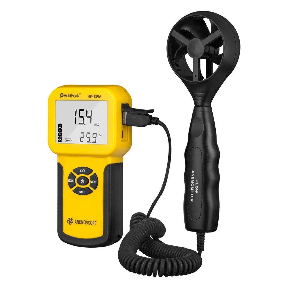 Anemómetro Digital HoldPeak HP-826A, Sensor de velocidad del viento, 0,3 ~ 30 m/s, instrumento de medida de volumen de aire, probador de mano