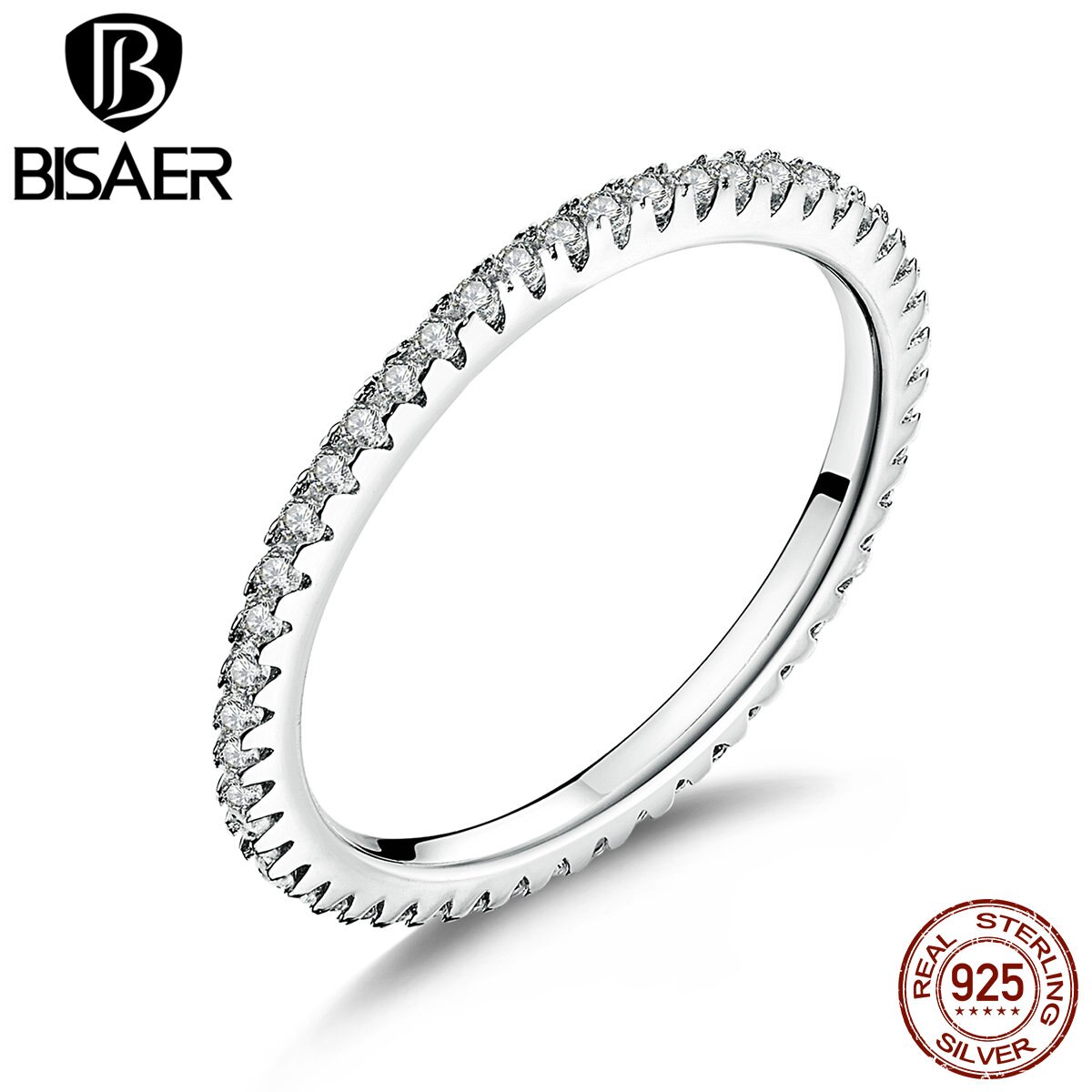 Genuine 925 Sterling Silver Simple Clearly CZ Round Circle Stackable Finger Rings for Women Engagement Ring Jewelry