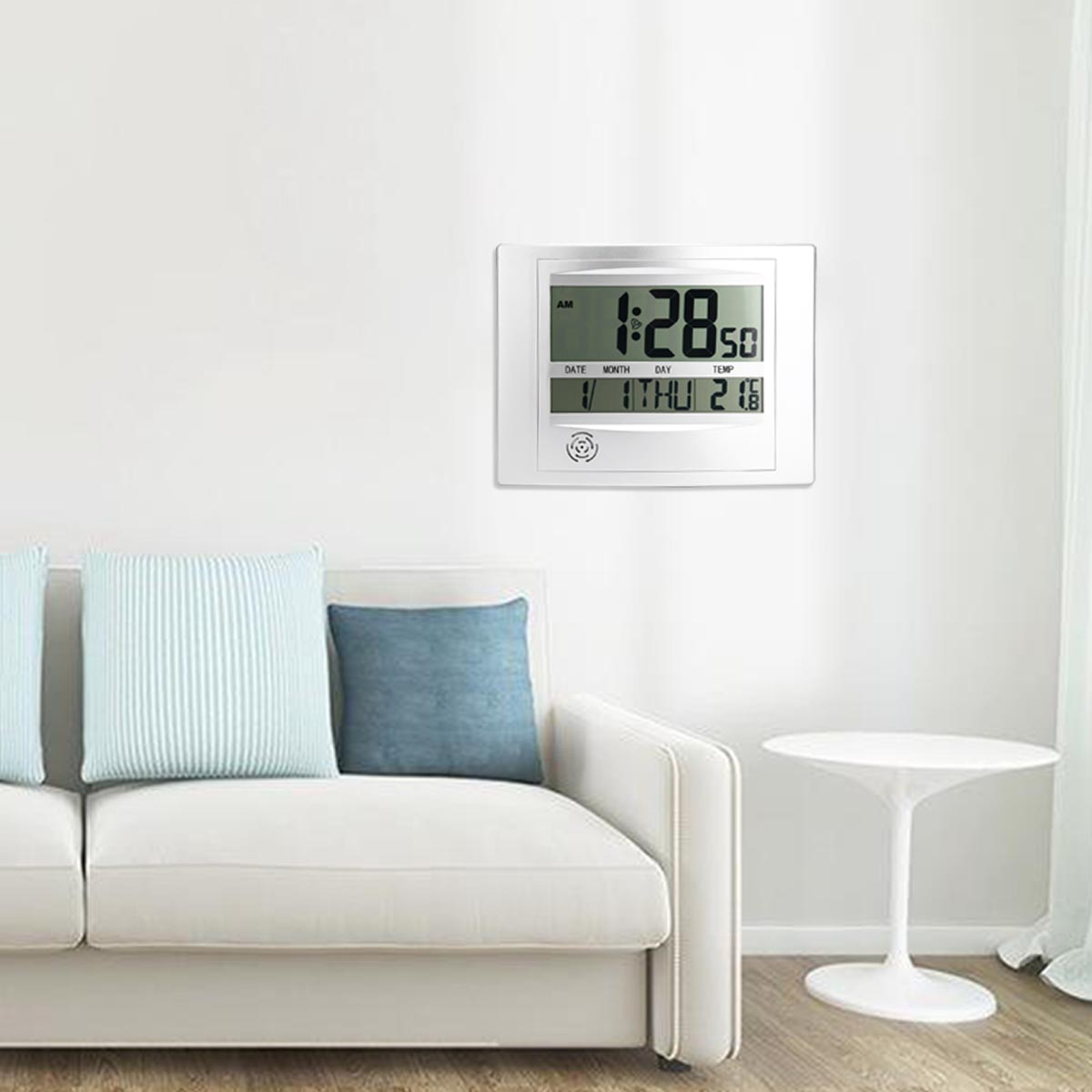 Digital Temperature Wall Clock Digital LCD Display Wall Alarm Clock Calendar Function 12/24 hour Display for Home Office Decor