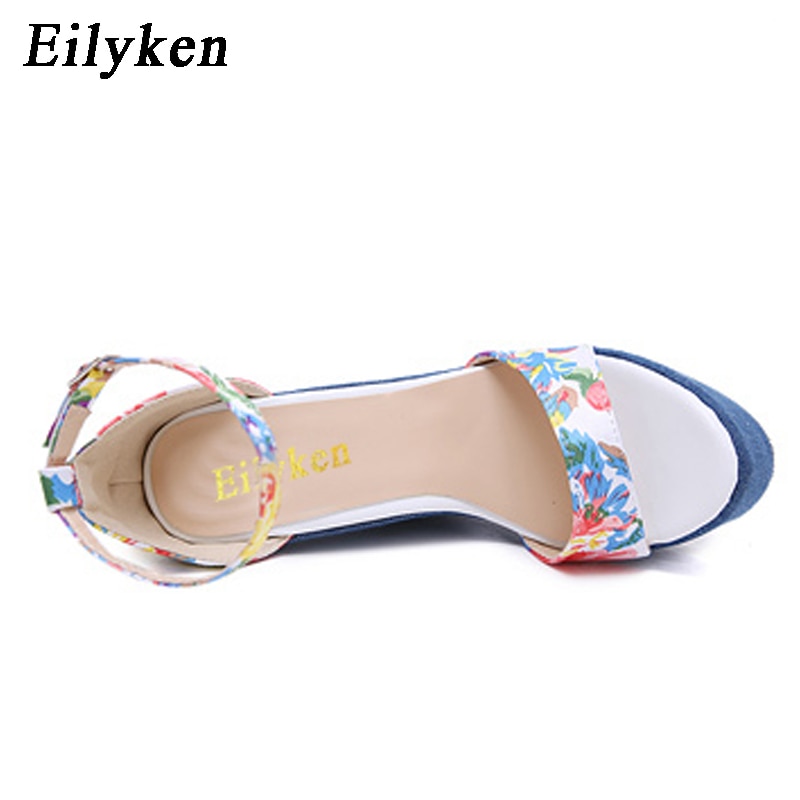 Eilyken Print Denim Sandalen Romeinse Sandalen Wiggen Hoge Hakken Peep-Toe Platform Schoenen Vrouw