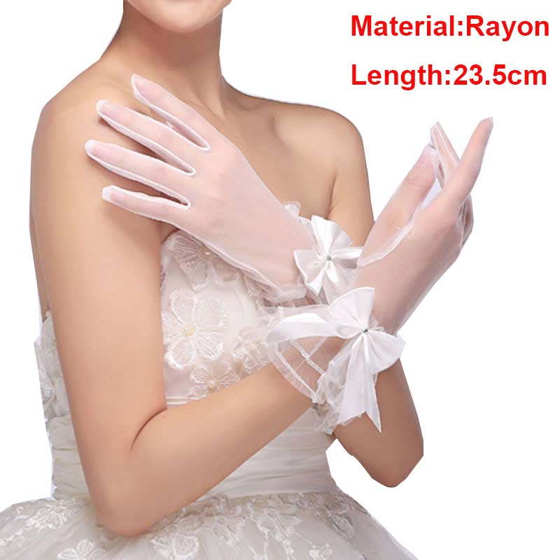 Female Gloves Transparent Dot Tulle Fishnet Gloves Black Bow Wrist Length Bridal Gloves Finger Short Mittens Wedding Accessories: 6