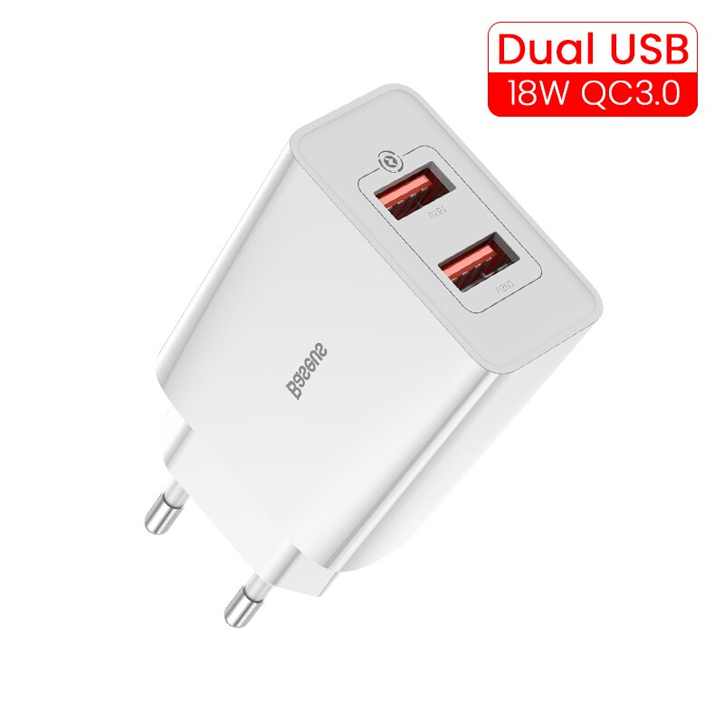 Baseus carregador rápido usb de 18w, suporte para carregamento rápido usb 3.0 mini-c pd, carregador de telefone portátil forhuawei forxiaomi forip: 18W Dual USB White
