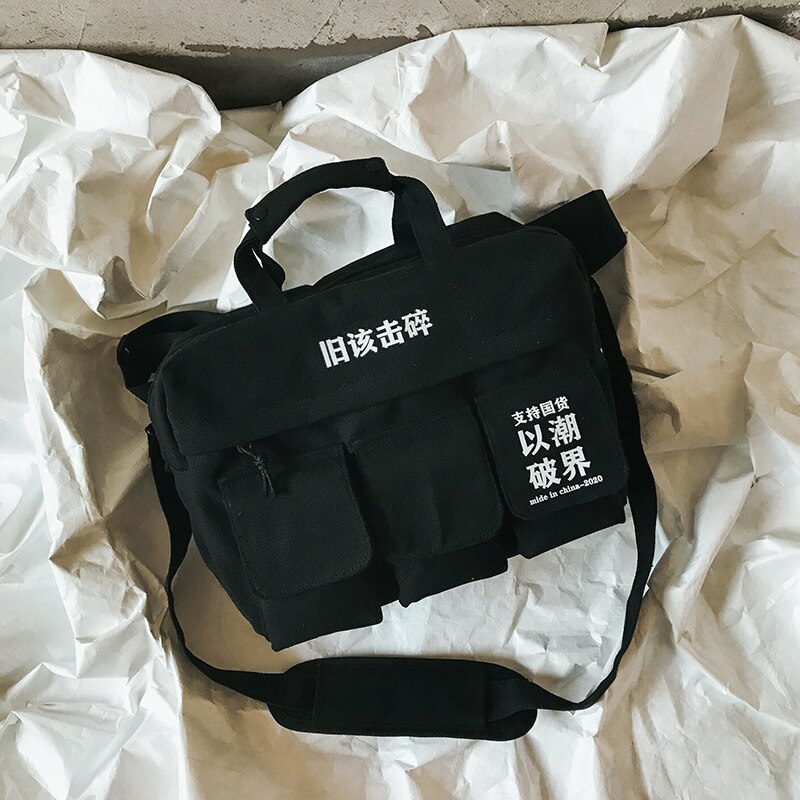 Sac à bandoulière rétro Hip Hop unisexe, sacoche en toile de rue, sacoche d&#39;école multi-poches poitrine, sac à main de taille pour femme: Black Waist Bag