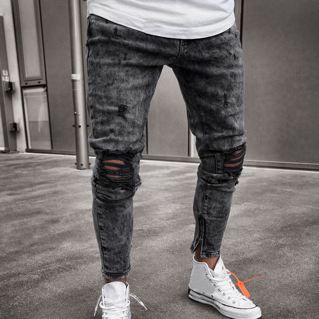 Men Knee Ripped Jeans Distressed Hole Biker Jeans Street Hip Hop Pencil Pants Black Stretch Skinny Fit Bottom Zipper Jeans