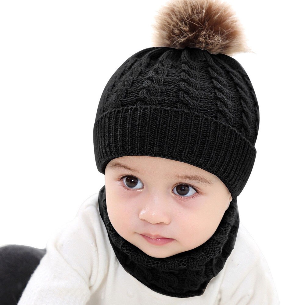 Baby winter hat 2Pcs Toddler Baby Girls Boys Winter Warm Knitted Beanie Cap+Scarf Keep Warm Set photography props Knitted hat: Black
