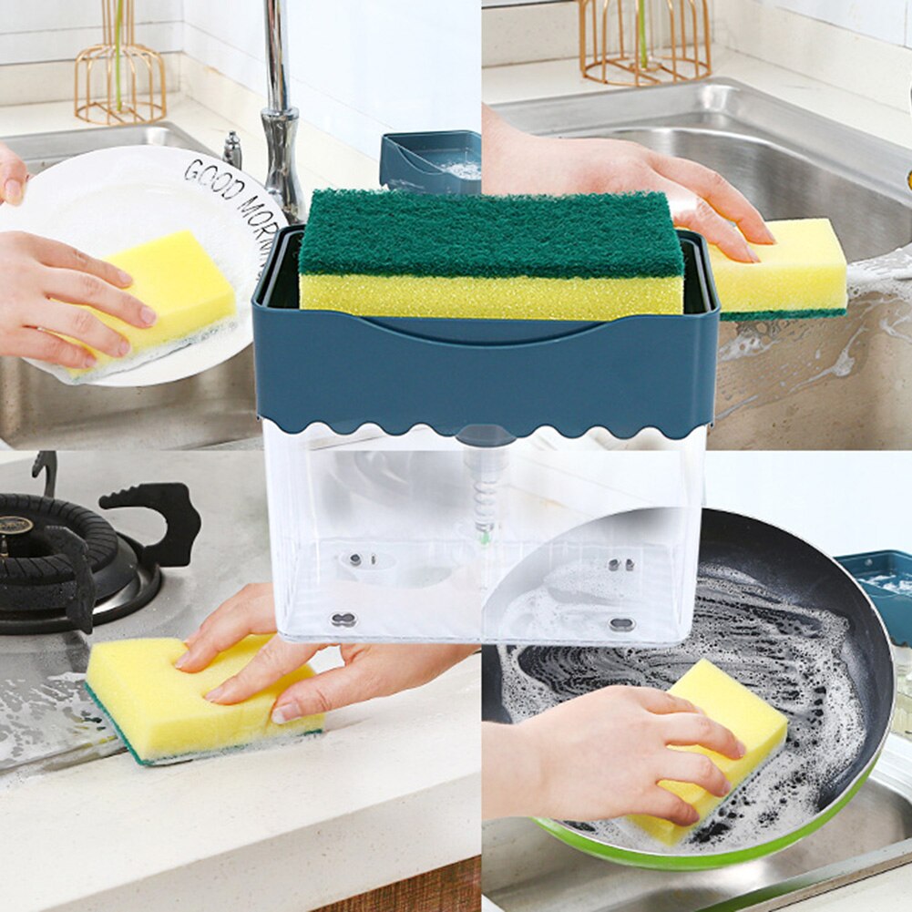 Kitchen Soap Dishwashing Press Type Soap Dispenser Sponge Cleaning Pad Detergent Container Household Cleaning Tool