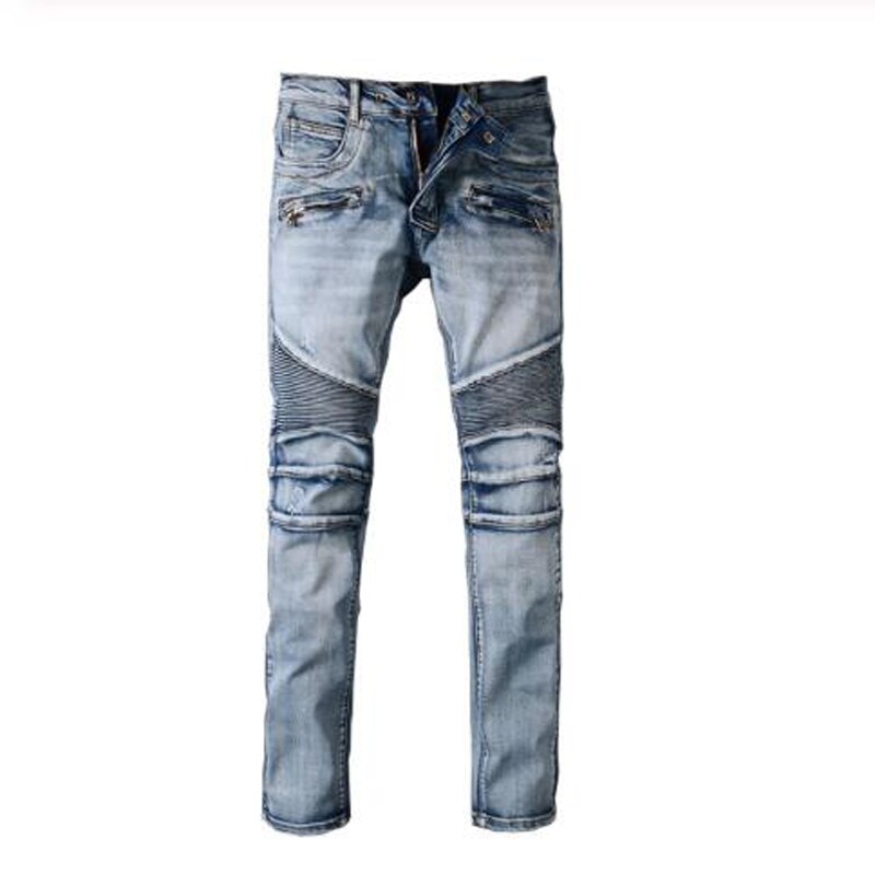 Men&#39;s slim fit classic blue biker jeans for moto Casual plus size denim cargo pants ripped jeans for man trousers: 36