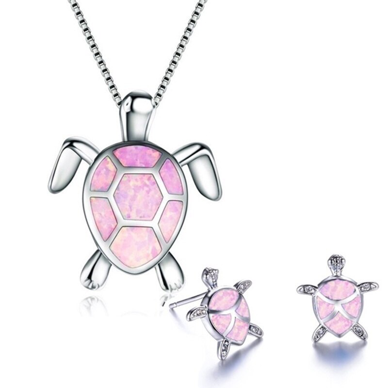 Leuke Sea Turtle Ketting Oorbellen Sieraden Sets Trendy Animal Blue Opal Stud Oorbellen Voor Meisje Vrouwen Wedding Band: Imitation Rhodium Plated